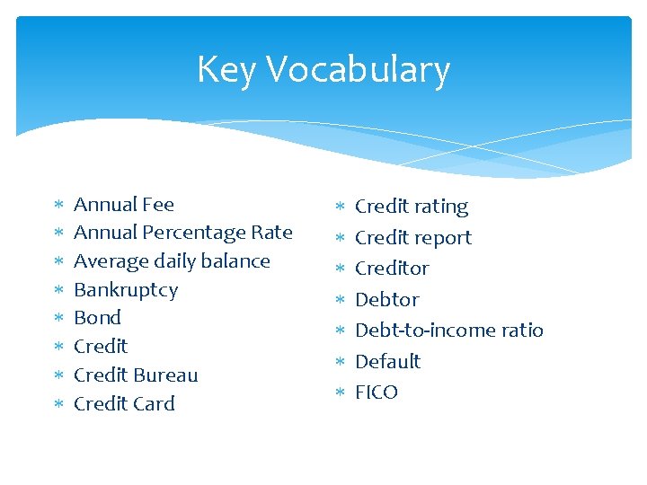 Key Vocabulary Annual Fee Annual Percentage Rate Average daily balance Bankruptcy Bond Credit Bureau