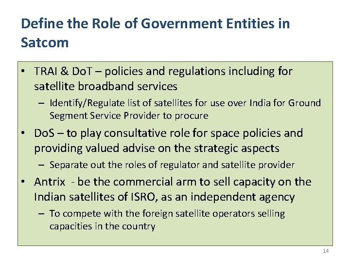 Define the Role of Government Entities in Satcom • TRAI & Do. T –