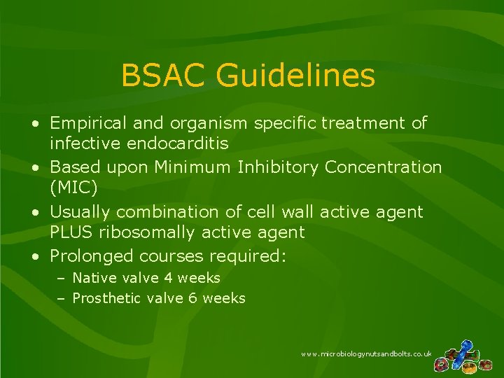 BSAC Guidelines • Empirical and organism specific treatment of infective endocarditis • Based upon BSAC Guidelines • Empirical and organism specific treatment of infective endocarditis • Based upon