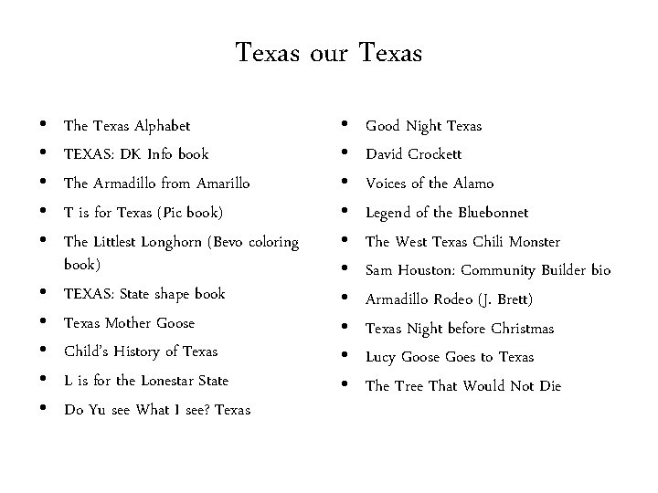 Texas our Texas • • • The Texas Alphabet TEXAS: DK Info book The