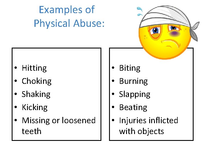 Examples of Physical Abuse: • • • Hitting Choking Shaking Kicking Missing or loosened