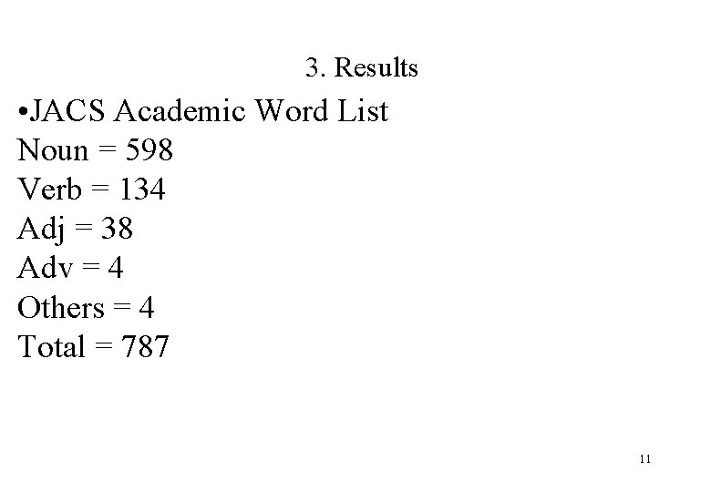 3. Results • JACS Academic Word List Noun = 598 Verb = 134 Adj