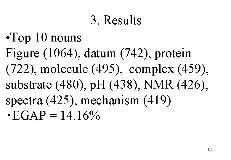 3. Results • Top 10 nouns Figure (1064), datum (742), protein (722), molecule (495),