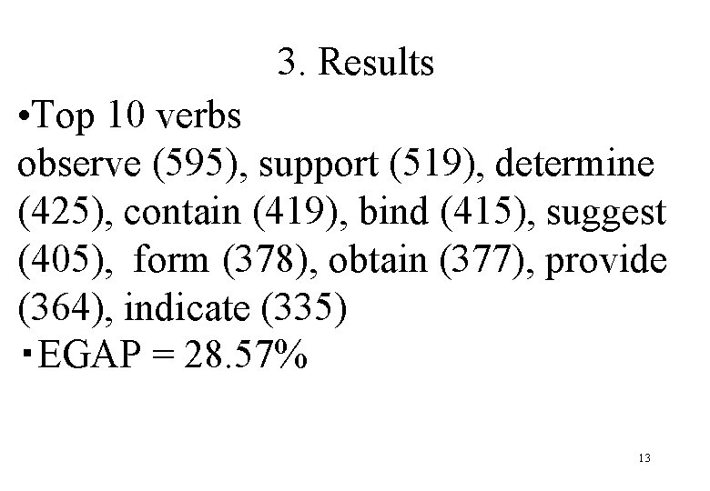 3. Results • Top 10 verbs observe (595), support (519), determine (425), contain (419),