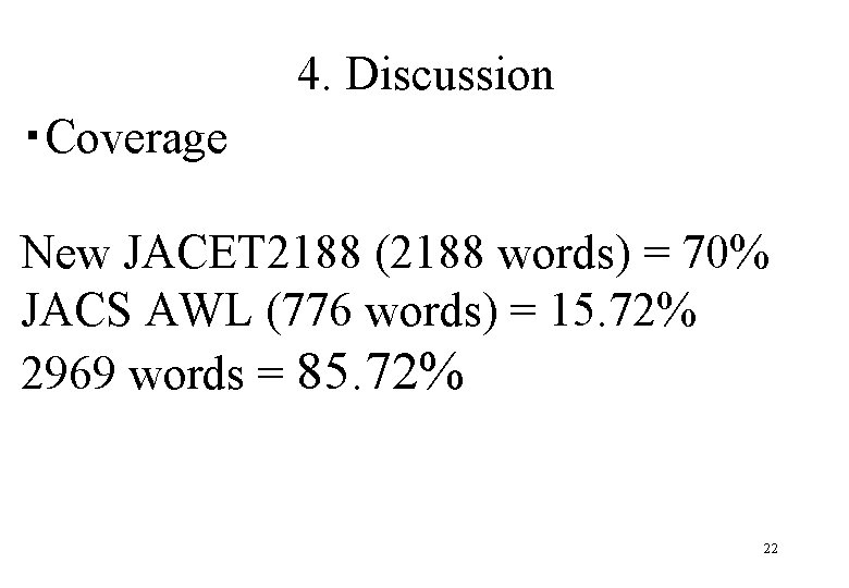 4. Discussion ・Coverage New JACET 2188 (2188 words) = 70% JACS AWL (776 words)