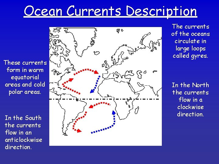 Ocean Currents Description These currents form in warm equatorial areas and cold polar areas.