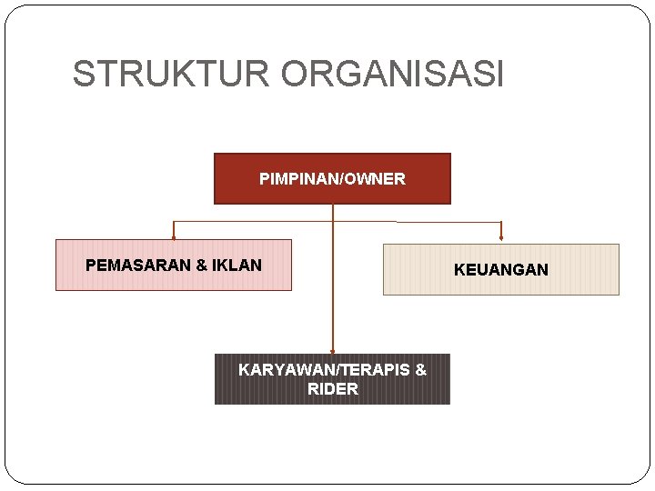 STRUKTUR ORGANISASI PIMPINAN/OWNER PEMASARAN & IKLAN KARYAWAN/TERAPIS & RIDER KEUANGAN 