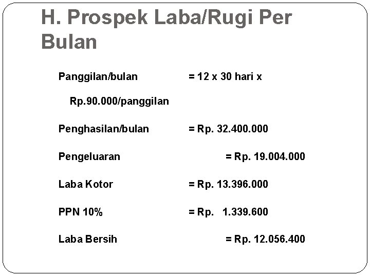 H. Prospek Laba/Rugi Per Bulan Panggilan/bulan = 12 x 30 hari x Rp. 90.