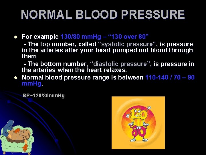 NORMAL BLOOD PRESSURE l l For example 130/80 mm. Hg – “ 130 over