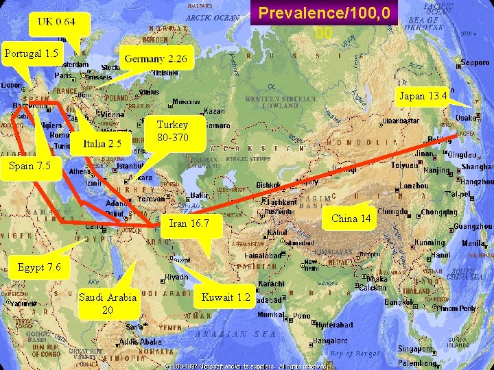 Prevalence/100, 0 00 Portugal 1. 5 Japan 13. 4 Turkey 80 -370 Spain 7.