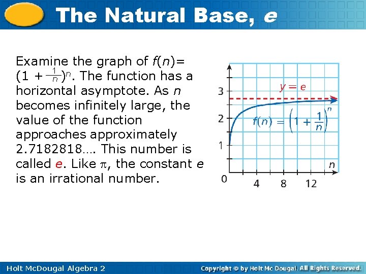 The Natural Base, e Examine the graph of f(n)= 1 (1 + n )n.