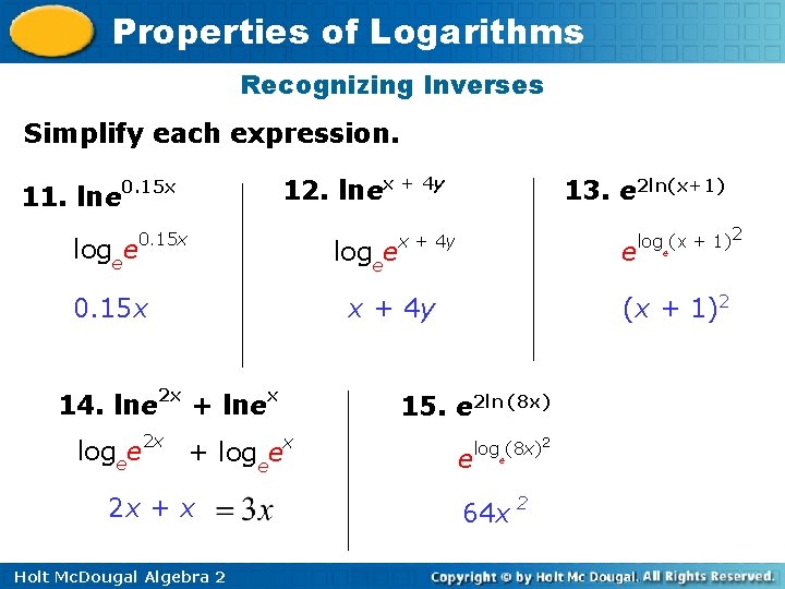 Properties of Logarithms Recognizing Inverses Simplify each expression. 11. lne 0. 15 x logee