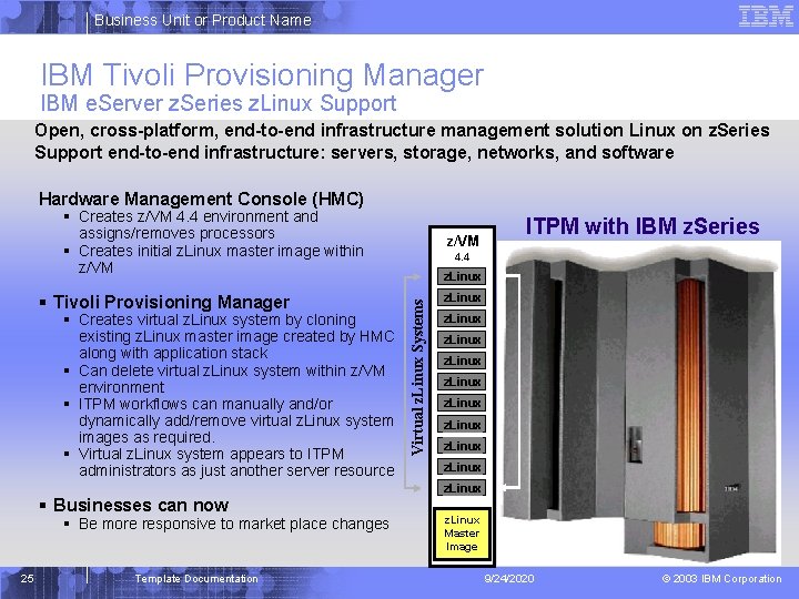 Business Unit or Product Name IBM Tivoli Provisioning Manager IBM e. Server z. Series