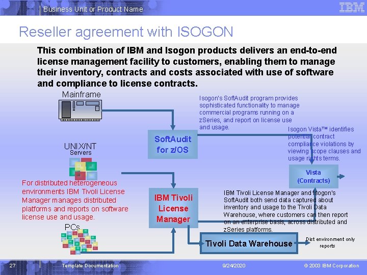 Business Unit or Product Name Reseller agreement with ISOGON This combination of IBM and