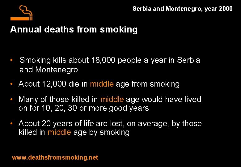 Serbia and Montenegro, year 2000 Annual deaths from smoking • Smoking kills about 18,