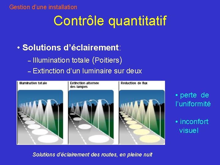 Gestion d’une installation Contrôle quantitatif • Solutions d’éclairement: – Illumination totale (Poitiers) – Extinction
