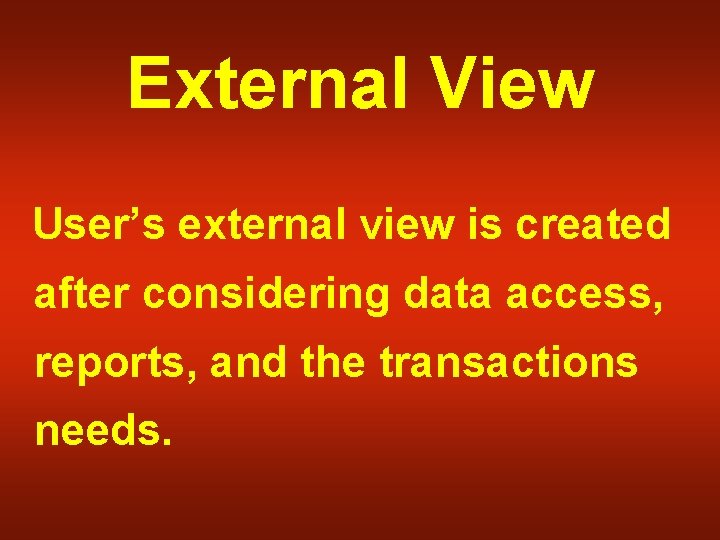 External View User’s external view is created after considering data access, reports, and the
