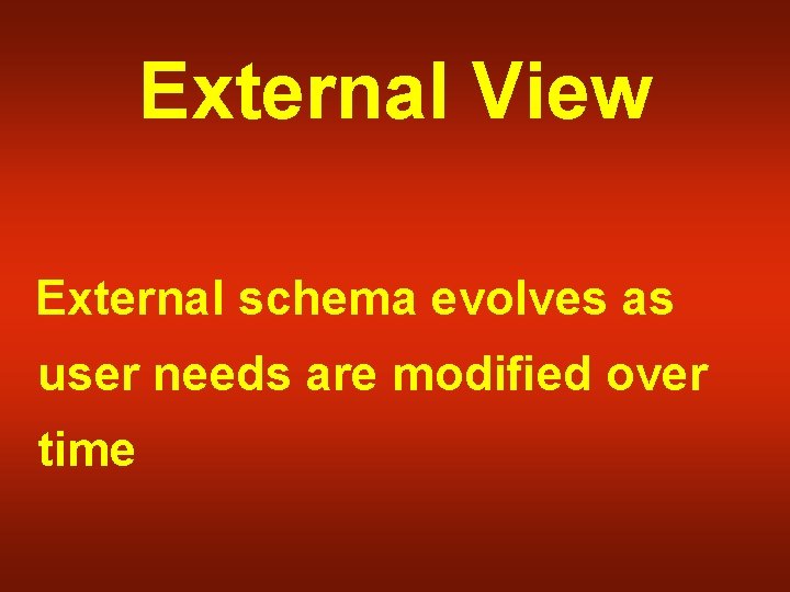 External View External schema evolves as user needs are modified over time 