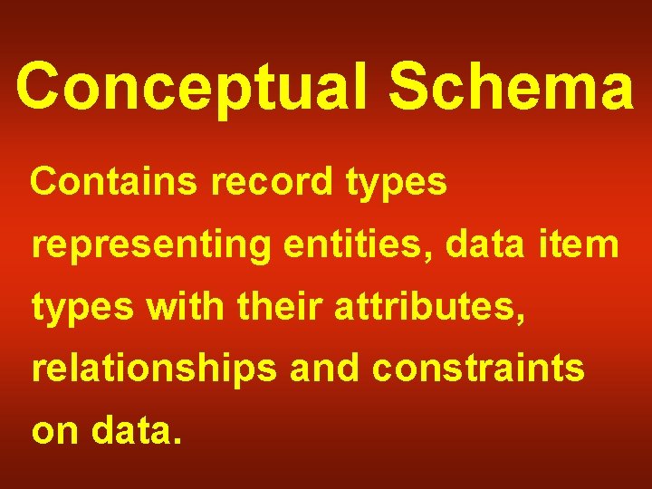 Conceptual Schema Contains record types representing entities, data item types with their attributes, relationships