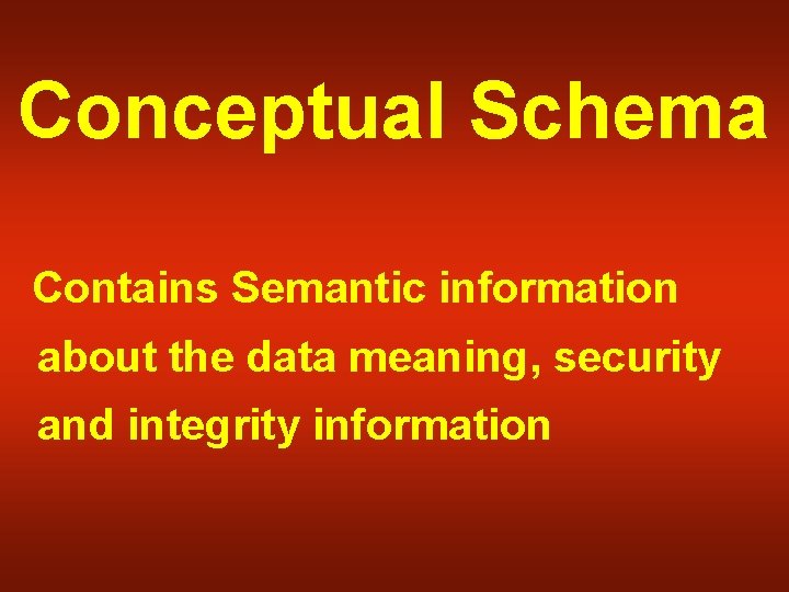 Conceptual Schema Contains Semantic information about the data meaning, security and integrity information 