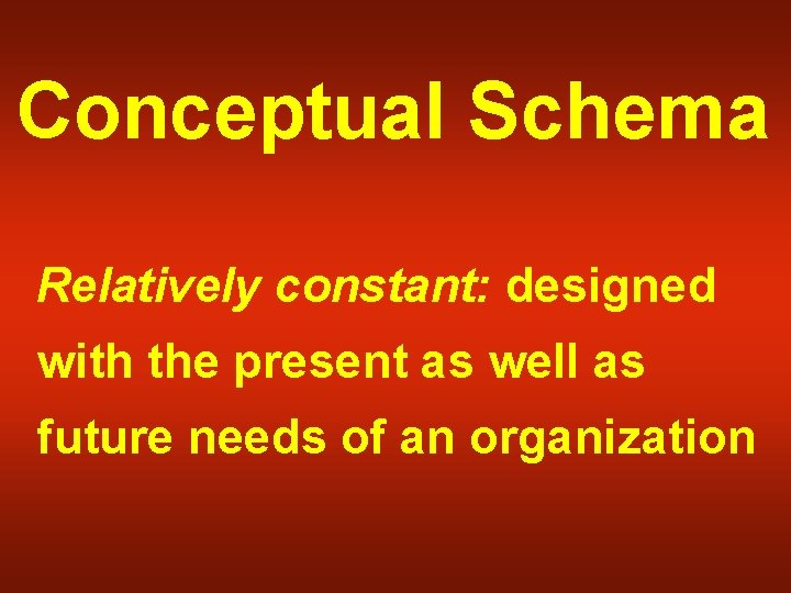 Conceptual Schema Relatively constant: designed with the present as well as future needs of