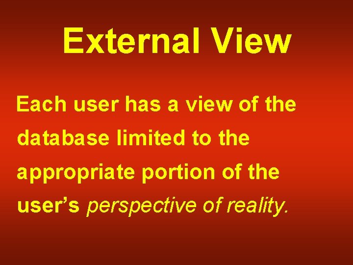 External View Each user has a view of the database limited to the appropriate