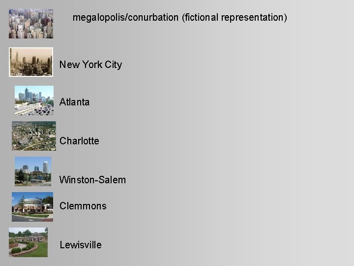 megalopolis/conurbation (fictional representation) New York City Atlanta Charlotte Winston-Salem Clemmons Lewisville 