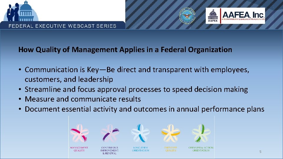 How Quality of Management Applies in a Federal Organization • Communication is Key—Be direct