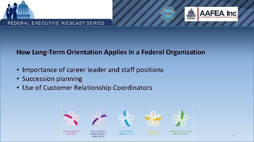 How Long-Term Orientation Applies in a Federal Organization • Importance of career leader and