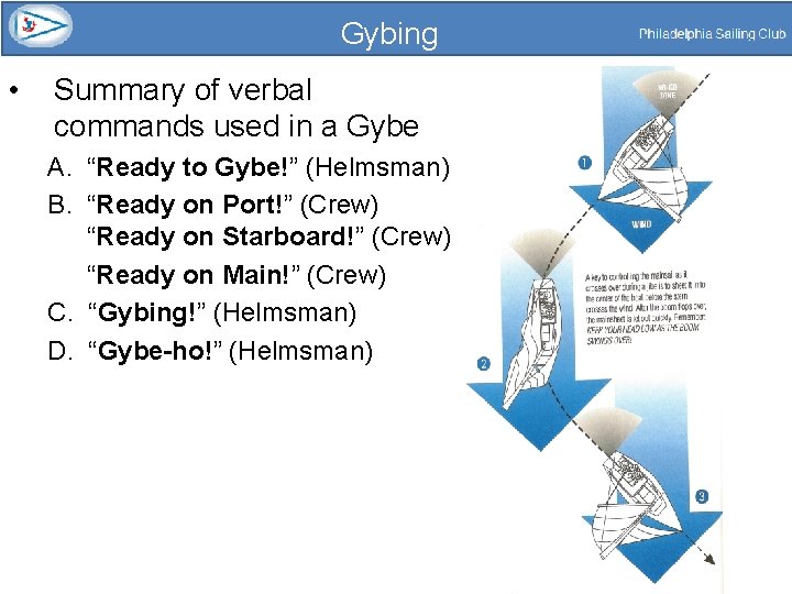 Gybing • Summary of verbal commands used in a Gybe A. “Ready to Gybe!”