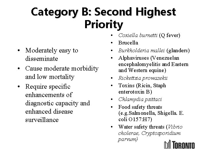 Category B: Second Highest Priority • Moderately easy to disseminate • Cause moderate morbidity