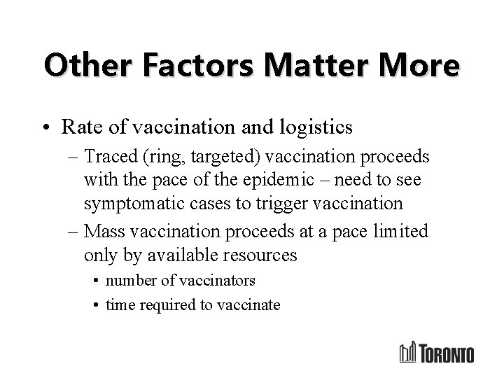 Other Factors Matter More • Rate of vaccination and logistics – Traced (ring, targeted)
