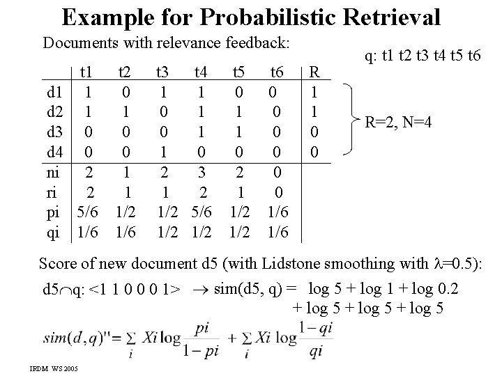 Example for Probabilistic Retrieval Documents with relevance feedback: d 1 d 2 d 3