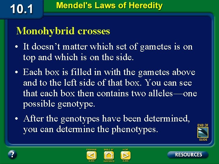 Monohybrid crosses • It doesn’t matter which set of gametes is on top and
