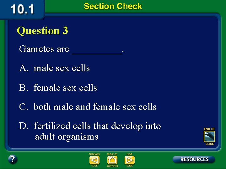 Question 3 Gametes are _____. A. male sex cells B. female sex cells C.