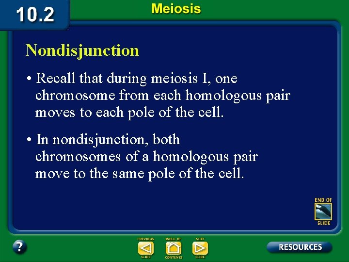 Nondisjunction • Recall that during meiosis I, one chromosome from each homologous pair moves