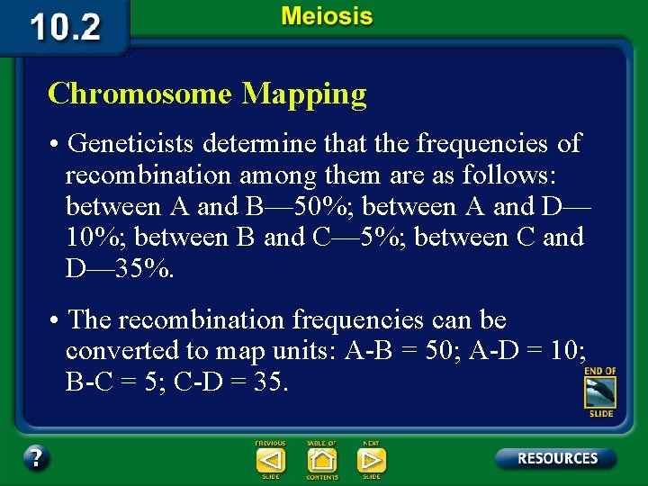 Chromosome Mapping • Geneticists determine that the frequencies of recombination among them are as