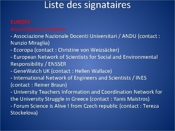 Liste des signataires EUROPE Associations et réseaux - Associazione Nazionale Docenti Universitari / ANDU