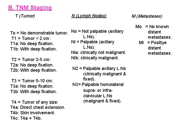 B. TNM Staging T (Tumor) N (Lymph Nodes) To = No demonstrable tumor. No