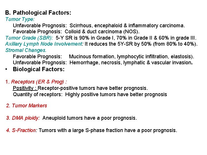 B. Pathological Factors: Tumor Type: Unfavorable Prognosis: Scirrhous, encephaloid & inflammatory carcinoma. Favorable Prognosis: