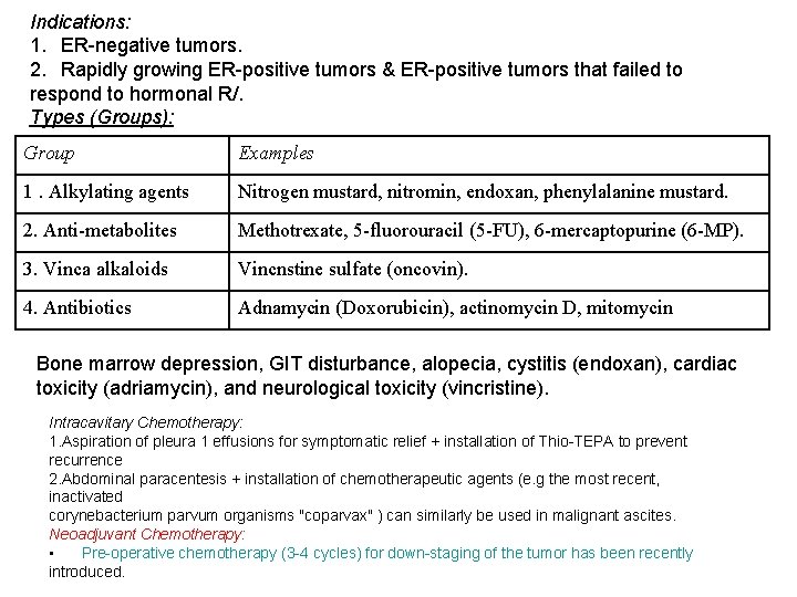 Indications: 1. ER-negative tumors. 2. Rapidly growing ER-positive tumors & ER-positive tumors that failed
