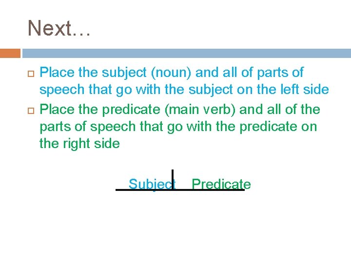Next… Place the subject (noun) and all of parts of speech that go with