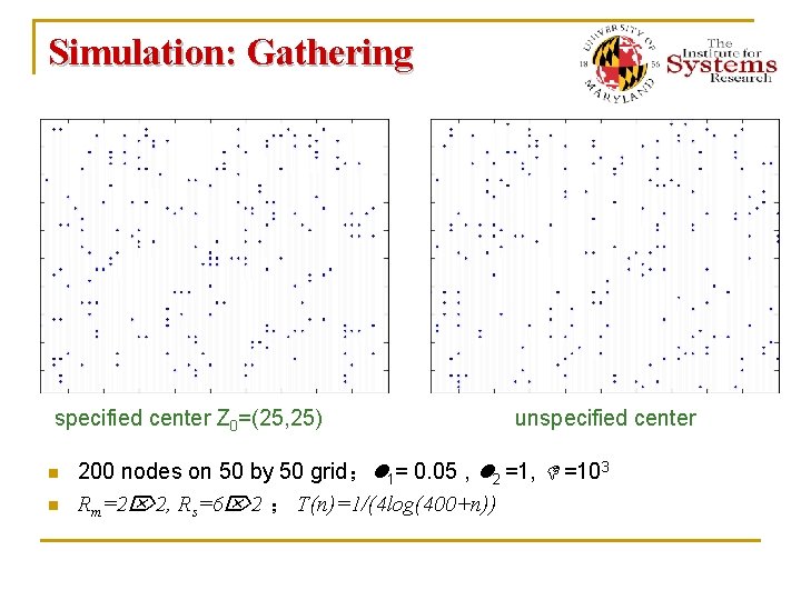 Simulation: Gathering specified center Z 0=(25, 25) n n unspecified center 200 nodes on