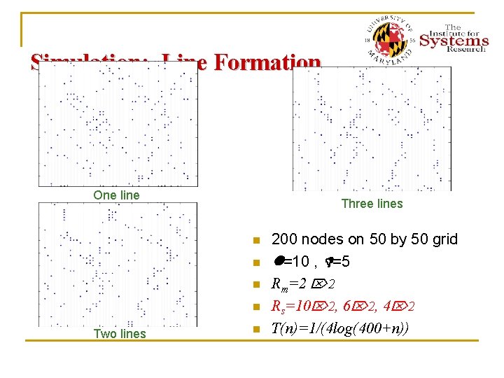 Simulation: Line Formation One line Three lines n n Two lines n 200 nodes