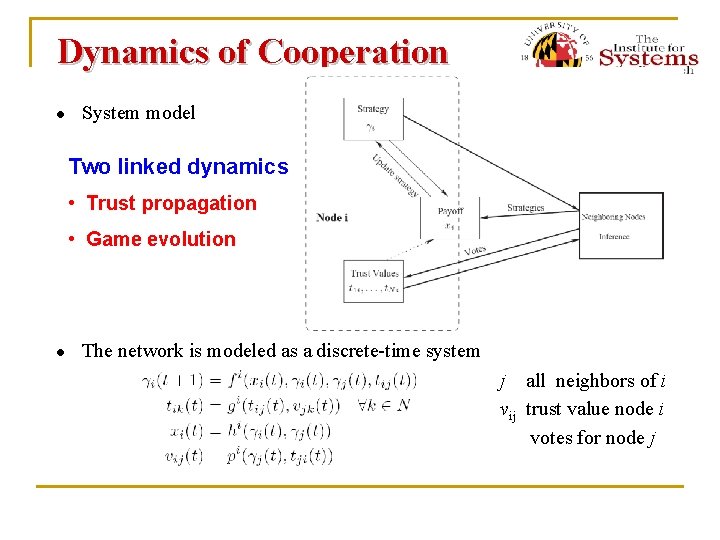 Dynamics of Cooperation ● System model Two linked dynamics • Trust propagation • Game