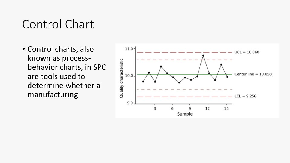 Control Chart • Control charts, also known as processbehavior charts, in SPC are tools