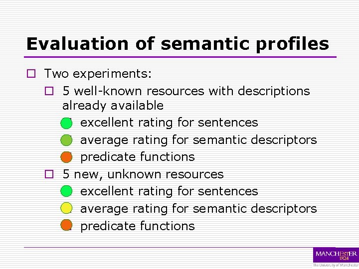 Evaluation of semantic profiles o Two experiments: o 5 well-known resources with descriptions already