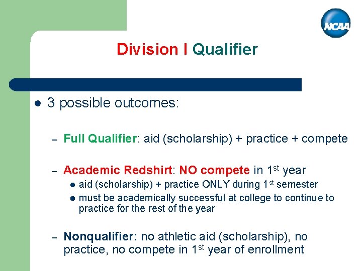 Division I Qualifier l 3 possible outcomes: – Full Qualifier: aid (scholarship) + practice