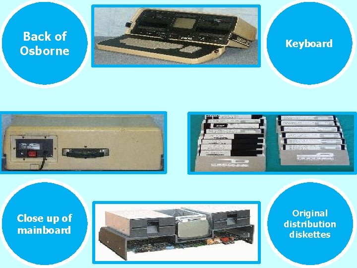 Back of Osborne Keyboard Close up of mainboard Original distribution diskettes 