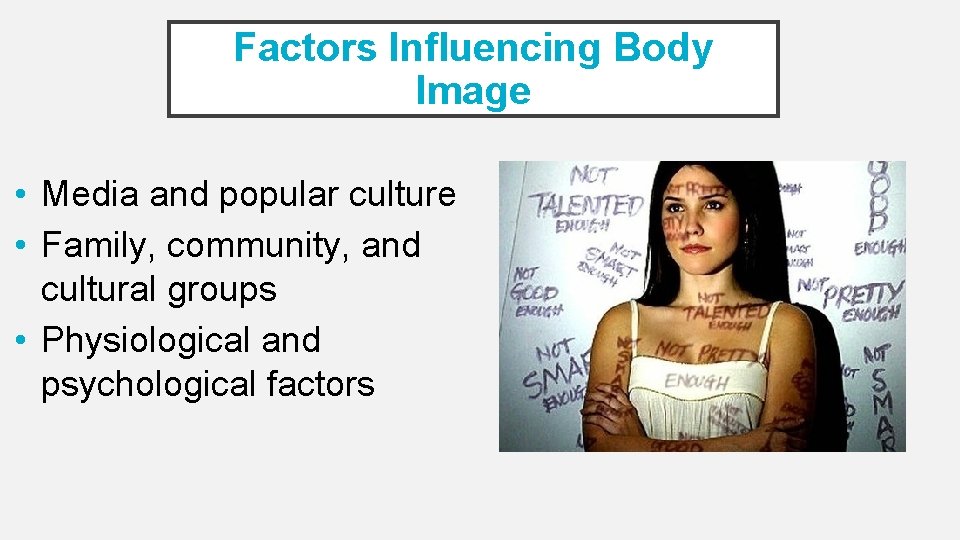 Factors Influencing Body Image • Media and popular culture • Family, community, and cultural